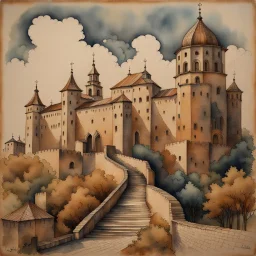A mixed-media picture of Lutsk XIX-th century, created in the style of Bohdan Pylypiv — combining pyrography with delicate watercolor accents. The main outlines and facial features are rendered with fine woodburned lines, rich in sepia tones and texture, pastel colors