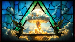 a nuclear explosion cloud(middle) framed from behind by a triangle of stained glass, the wind and smoke from the explosion forming shapes of dancing women with small angel wings(left and right foreground) like cherubs in the clouds, religiose art