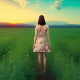 woman standing in flower field, sunset, short brown hair, back view, green dress, windy, sunshine