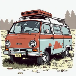 drawn of a rusty minivan in a 70's illustration style