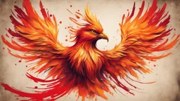 Hyper Realistic Abstract Phoenix-Bird-face-art vector style with Red-Yellow-&-Orange-abstract-brush-strokes on vintage background