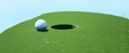 macro photo of a golf green, golf ball with shadow next to the hole(circular), ground is short groomed natural green grass, clear blue sky, add texture and depth, realism
