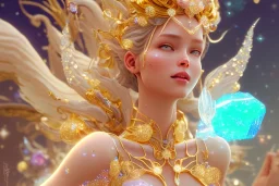 very beautiful crystal and gold goddess in a galactic ambiance, nice smiling, transparent petals, delicate colors, full of details, smooth, bright sunshine，soft light atmosphere, light effect，vaporwave colorful, concept art, smooth, extremely sharp detail, finely tuned detail, ultra high definition, 8 k, unreal engine 5, ultra sharp focus