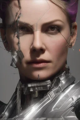 portrait full, robot scifi with face charlize theron, robotic face, cyberpunk city, intricate, many lights in body, eyes lights, highly detailed, highli quality, 8k, volumetric lighting