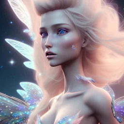 beautiful blonde fairy in a galactic ambiance, detailed gorgeous face, transparent wings, delicate colors, finely tuned detail, ultra high definition, 8 k, unreal engine 5, ultra sharp focus