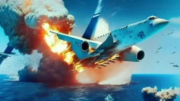 fighter jet shoots missile at passenger 747 plane and it explodes while flying over the ocean