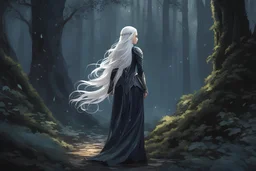 A beautiful woman with long white hair down to her knees wandering in a dark forest wearing a beautiful dress in 8k solo leveling shadow artstyle, machine them, close picture, rain, intricate details, highly detailed, high details, detailed portrait, masterpiece,ultra detailed, ultra quality