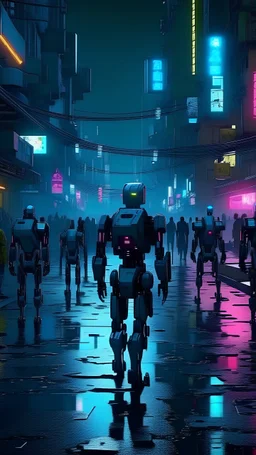 slums of a city, many broken humanoid robots walking towards the camera, scary, neon lights, drone shot, cyberpunk, digital art, 4k