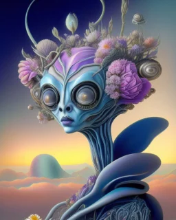 an ethereal alien creature with three eyes, with several extra limbs and slender composition, is i transitioning wild landscape full of flowers , highly polished, chrome airbrush style, dreamlike composition, color penciling color palette, surrealistic retro-futurism, fantasy, vintage scifi, psychedelic aesthetic, Camilla d'errica, pop surrealism, highly detailed, arthur lismet, artstation, 1960s psychedelic drawing, smooth