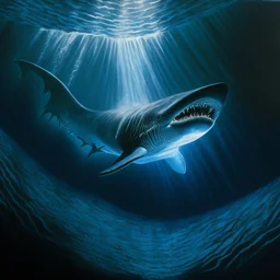 A dramatic, chiaroscuro-style acrylic painting of a powerful basking shark hunting its prey in the depths of the ocean, with stark contrasts between light and shadow to emphasize the intensity and raw beauty of the scene