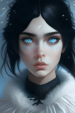 Young lady who is black witch and has Black hair with a white tuft in the front and great bower and snow skin and light blue eyes