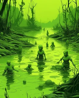 A light yellowish dark green swamp with bugs in daylight painted 3 people’s heads of humans coming out of the water