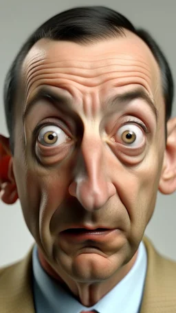 A man looks like pee wee Herman with big nose and big ears open his eyes wide like surprise
