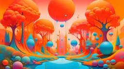 surreal and dreamlike, A large, abstract orange structure with geometric shapes in the foreground, set against a colorful, surreal landscape with trees, spheres, and other abstract elements, saturated, pastel, dreamy atmosphere, liquid psychedelic