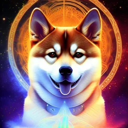 shiba inu doge, cosmic aura, sacred geometry, ethereal