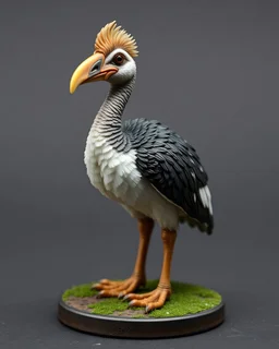 A photo of a tabletop role-playing miniature of a chubby Dromornis stirtoni (mihirung) flightless ostrich-goose-chicken-parrot-puffin-hybrid with long legs and a big puffin-like beak. the miniature is full body. the picture is inspired by the works of john howe, alan lee and william morris.