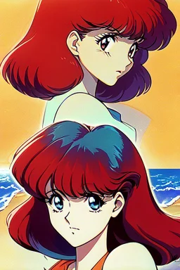 1girl, retro anime, 80's, redhead,portrait, synth-wave, beach