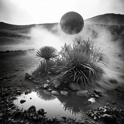 A striking quality Kodak photograph captures a wasteland with liquid and group of monstruous plants, creepy, details of the dust very accentuated, glossy organic mass, adorned with minerals and rocks. Bathed in intense light, eerie, Max Ernst style, black sun with arcs of fluids, fog, paranoic, obsessive