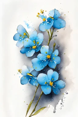 Ultra detailed watercolour painting of forget-me-not flowers on a black background, natural colors, with some splashes