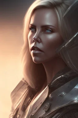 Charlize Theron ,fly hair, mist around, highly realistic, highly detailed, gangsta armor, mist around, smoke