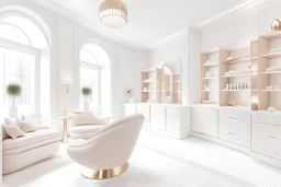 european beauty salon space in fashion photography style, with the color palette of white, sand color, pink and gold and cozy ambience