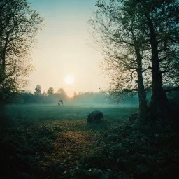 Close-up polaroid of a creepy surreal landscape, monsters, eerie, Max Ernst style, very surreal, trees, spooky, metaphysical objects, giant sun, intricate, thoughtful, appalling, deep 3d field, 8k, hypermaximalist