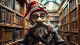 steampunk gnome wearing monocle in library old and bald