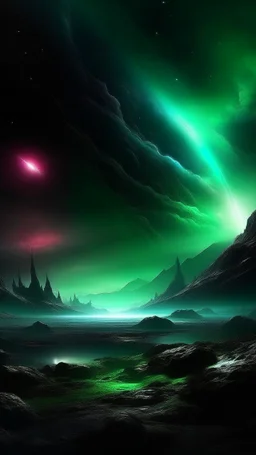 sci fi planet, dark, mysterious, smoke, northern lights