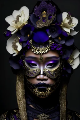 Beautiful vantablack indonesian woman portrait, adorned with vantablack materiál black obsidian ribbed metallic golden filigree floral embossed half face masque, white and black Dusty gradient and gól make up on, adorned with white cathalea orchid, and jasmine and violet orchid floral rococo headdress wearing vantablack materiál lace effect, golden filigree chain effect embossed gothica decadent costume organic bio spinal ribbed detail of rainy moonlight gothica and streetlighta bokeh background