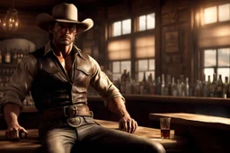 Rough looking muscular cowboy photorealistic in a saloon waiting for the bartender