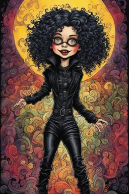 a cartoon illustration of a schizophrenic curly, short haired vampire girl in a black leather jumpsuit, in the cartoon style of Lynda Barry , Ernie Pook's Comeek, vibrant natural colors, , museum quality masterpiece