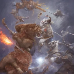 یک گربه ای بزرگ با لباسی نینجا در حال مبارزه با ماری با لباسی عربی