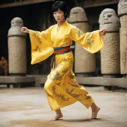 The soul of female Bruce Lee travels to the Underworld: The Dragon Lives Again by Chi Lo, she stands on her bare feet in her yellow silk printed kimono, ready to fight with her best kung fu
