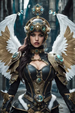 Fullbody of Steampunk armor, burka,beautiful angel wings, angry,malicious, goddess, warrior girl, crystal, broken glass, jewelry, ornements, half opened mouth, starcraft, magical orbe, cat eyes,white face,scifi, technology, photography