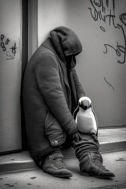 One single mature homeless penguin with worn out clothes, sitting in a corner on the street, guitar standing on the left side, Vienna, mourning, model style, hyper realistic, extremely accurate, delicate, extremely detailed, Graphic novel style, wide-angle, open aperture, superfine pencil