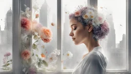 white background, Double exposure, woman, city, window, room, flowers, detailed, fine rendering, high detail, high resolution, 8K, gouache,