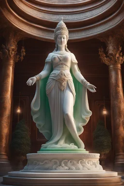 highly detailed marble and jade statue on a plint of the goddess of love. european. full body shot, invisible gloves, , volumetric fog, Hyperrealism, breathtaking, ultra realistic, unreal engine, ultra detailed, cyber background, Hyperrealism, cinematic lighting, highly detailed, breathtaking, stunning temple environment