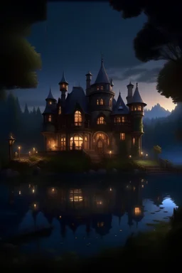 Photograph of a realistic, cozy, inviting castle mansion. Large windows to the ground, a gallery. Hidden away in a forest. Nighttime, nearly dark. At the edge of a lake, with a veranda hanging low just over the lake, with fairy lights on it. A dragon is flying in the sky in the background.