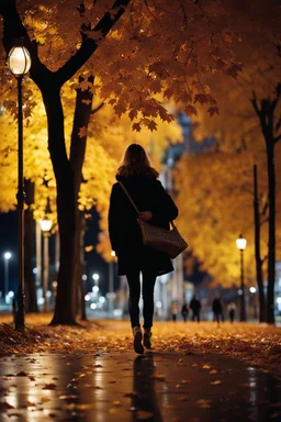 night yellow lights over the street trees autumn leaves under feet ,a Student adult girl with books in her hand walking in street looking to camera a boy walks after she few meters away her back