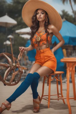 Full body of beautiful girl nami, Hair Color: Orange, Style: Wavy, Outfit Top: Blue, Outfit Bottom: Orange, Shoes: Brown, Accessories: Tangerine, Weapon: Clima-Tact, Hat: Straw, Tattoo: Pinwheel, Earrings: Hoops, sophisticated,, beautiful woman, hyper realistic, hyperrealism, photoreal, realistic, photorealistic, soft pastels, full-body, standing, long shot, wide angle, aesthetic