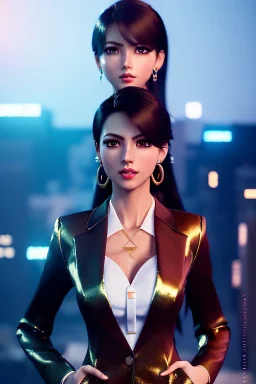 Anime business woman, dark brown hair, elegant hair, blue eyes, gold hoop earrings, waist up portrait, 8k resolution, intricate details, ornate details, soft lighting, vibrant colors, retroanime, masterpiece, intricate eyeliner, dark eyeshadow, eyes,futuristic cityscape background