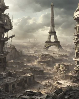 view of a futuristic Paris in a post atomic catastrophic way, with lots of buildings in ruins, but still with the Eiffel Tower intact