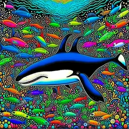 a very detailed orca in the ocean surrounded by a school of little fishes. Realistic, underwater world, enchanting, dangerous, colorful.