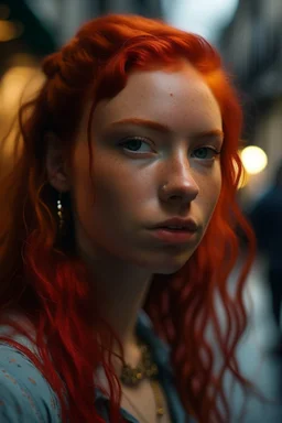 Cinematic, realistic, close-up, cinematic documentary of a 22-year-old woman with vibrant red hair and eyes the hue of twilight, embracing the lively spirit of New Orleans, Louisiana, the city’s music and history resonating with her adventurous heart, shot with a Canon EOS R, --v 6 --ar 9:16 --stylize 750