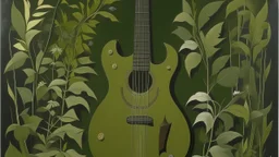 An olive green nuclear guitar painted by Henri Rousseau