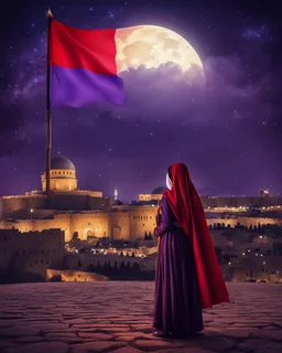 Artistic red purple little palestinian girl Holds a flag of Palestine In front of the Dome of the Rock at night , PRINT medieval style