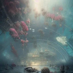 Insanely detailed photograph of an “artitcture plans of a thriving underwater city ” with intricate waves, intricate embroidered band of stars, hyperdetailed painting by Ismail Inceoglu Huang Guangjian and Dan Witz CGSociety ZBrush Central fantasy art album cover art,8K, hdr, romantic, mysterious, ominous, flowers, jewelry, steam,oil,cafe,street vendor,steamship,D&D