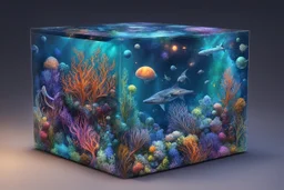 hyperrealistic, 4k, box for storing things with beautiful drawings a lot of colours, very detailed, subnautica, sea plants, planets space, galaxies,