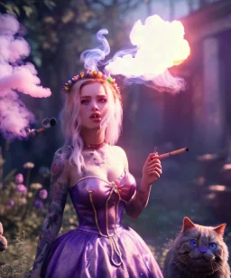 Ultra realistic wonderland photo, happy blonde woman smoking a shisha, blue dress, big purple-cat friend, circus dress style, old school tattoo, smoke, marijuana garden, glow eyes, perfect iris, soft color, highly detailed, unreal engine 5, cinematic, ultra detail, volumetric lighting, high definition.