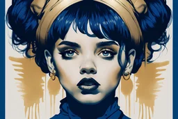 poster in two gradually, a one side the Singer Danish MØ face illustration by <Yoji Shinkawa> and other side the Singer Melanie Martinez face illustration by <John Kenn Mortensen>, symmetry, darkblue and gold tones,